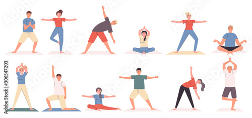 Yoga poses and exercises flat vector illustrations set. Sport and relaxation, healthy lifestyle. Yogi cartoon characters, people in different asanas bundle isolated on white background