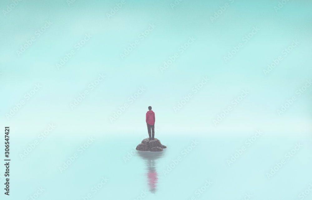 Fototapeta Człowiek samotnie z morzem, samotny, depresja, smutne, surrealistyczne malarstwo, grafika