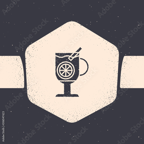 Grunge Mulled wine with glass of drink and ingredients icon isolated on grey background. Cinnamon stick, clove, lemon slice. Monochrome vintage drawing. Vector Illustration