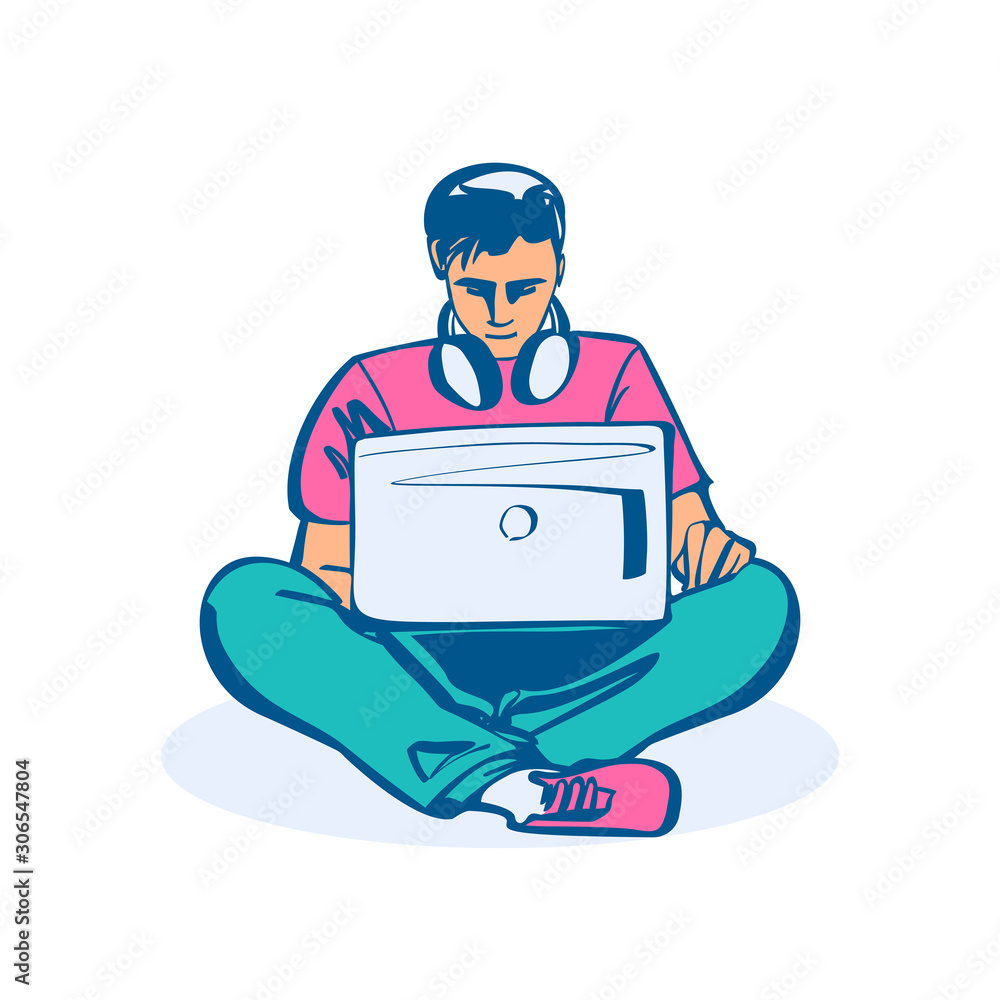 Young human with a laptop and headphones works on the Internet. Vector illustration sketch design. Isolated on white background. Creative person works with a computer. Man on a social network. Young human with a laptop and headphones works on the Internet. Vector illustration sketch design. Isolated on white background. Creative person works with a computer. Man on a social network.