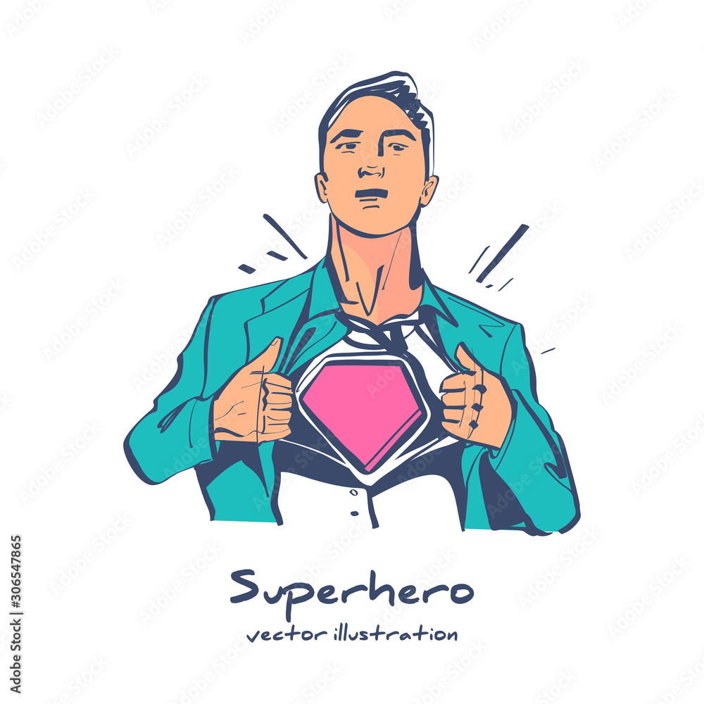Superhero sketch icon. Human tearing clothes on his chest. Sign of the hero under things. Vector illustration flat design. Isolated on white background. Superhero sketch icon. Human tearing clothes on his chest. Sign of the hero under things. Vector illustration flat design. Isolated on white background.