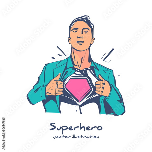 Superhero sketch icon. Human tearing clothes on his chest. Sign of the hero under things. Vector illustration flat design. Isolated on white background.