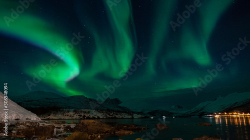Fototapeta Naklejka Na Ścianę i Meble -  aurores boréales au bord d'un fjord tranquille gelé en norvège