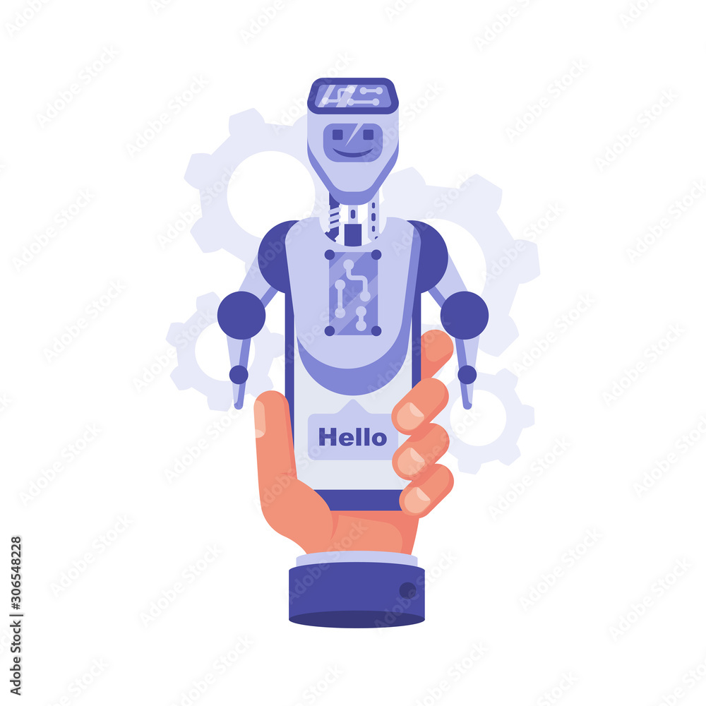 Chatbot on the smartphone. Phone holding in hand. Technical support. Chatbot, artificial intelligence, customer support, hotline with bot. Vector illustration flat design. Chatbot on the smartphone. Phone holding in hand. Technical support. Chatbot, artificial intelligence, customer support, hotline with bot. Vector illustration flat design.