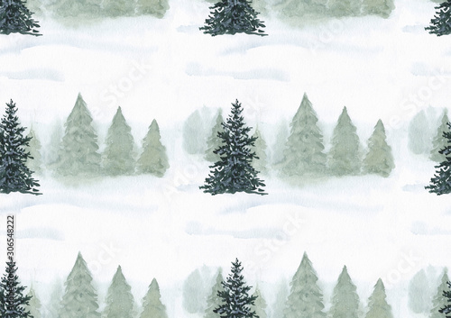 Winter forest on a snow day. Watercolor hand drawn seamless pattern good for Christmas end new year decoration, wrapping paper, background etc. © Lelakordrawings