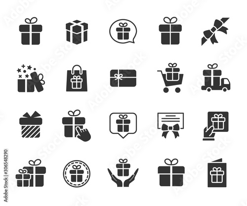 Vector set of gift flat icons. Contains icons of box, bow, surprise, certificate, gift card and more. Pixel perfect, scalable 24, 48, 96 pixels.