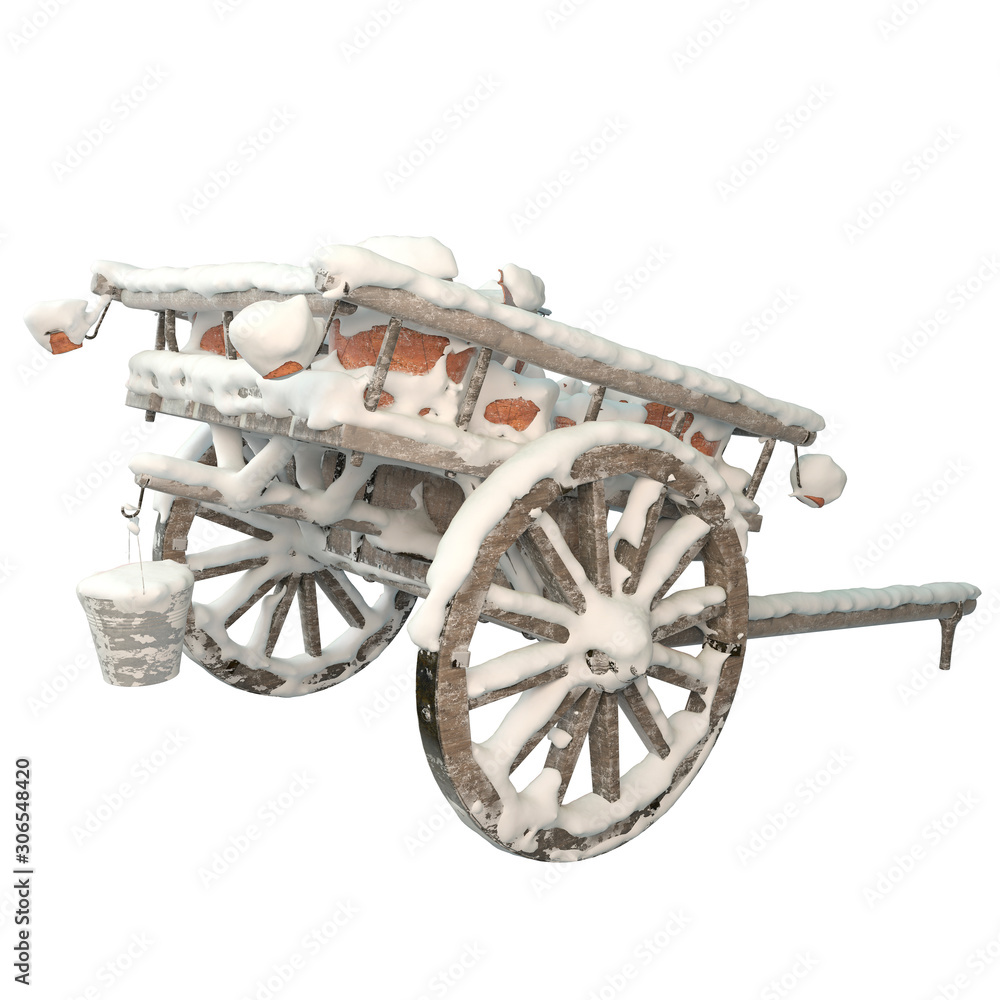 Fototapeta premium 3d image wooden cart with snow covered pots.3d image