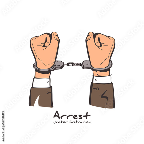 Hands in handcuffs sketch style. Human in jail. Prisoner concept. Vector illustration cartoon design. Arrest of a person. Isolated on white background. Criminal behind bars.