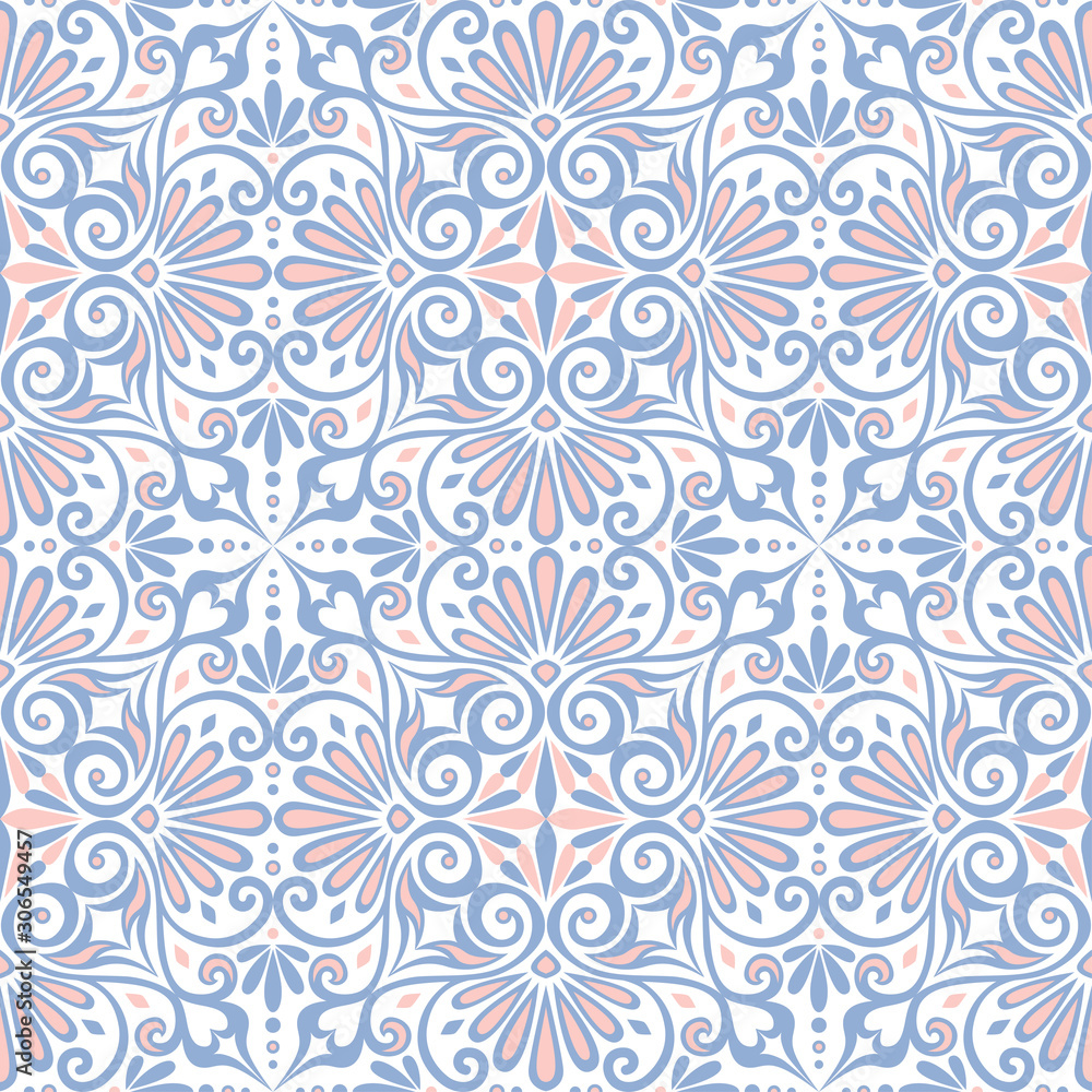 Vector traditional seamless vintage pink, white and blue square floral Greek ornament, Meander