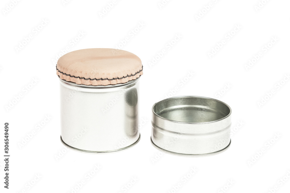 Metal container with lid, for multiple use; Photo on white background. Metal container with lid, for multiple use; Photo on white background.