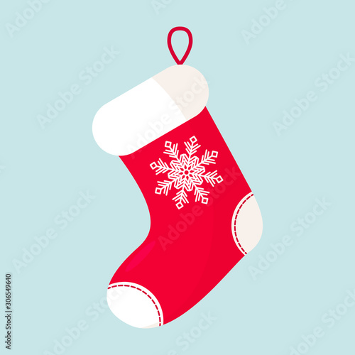 Christmas sock with white snowflake.. Flat icon on a white background. Vector illustration.