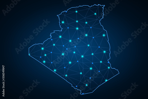 Map of Algeria from Polygonal wire frame low poly mash, contours network line, luminous space stars, design sphere, dot and structure. Vector Illustration EPS10. - Vector