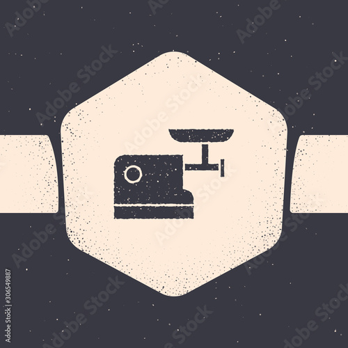 Grunge Kitchen meat grinder icon isolated on grey background. Monochrome vintage drawing. Vector Illustration