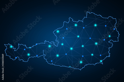 Abstract mash line and point scales on dark background with Map of austria. Wire frame 3D mesh polygonal network line, design sphere, dot and structure. communications map of austria. Vector. - Vector
