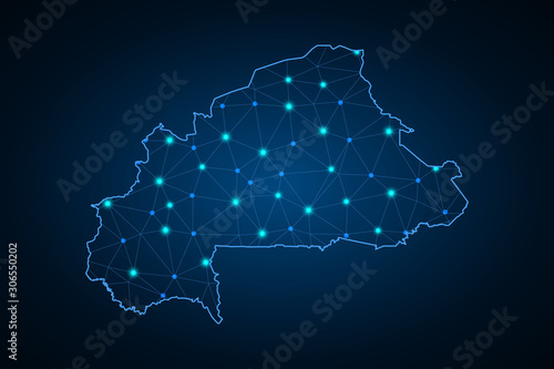 Map of Burkina Faso from Polygonal wire frame low poly mesh, contours network line, luminous space stars, design sphere, dot and structure. Vector Illustration EPS10. - Vector