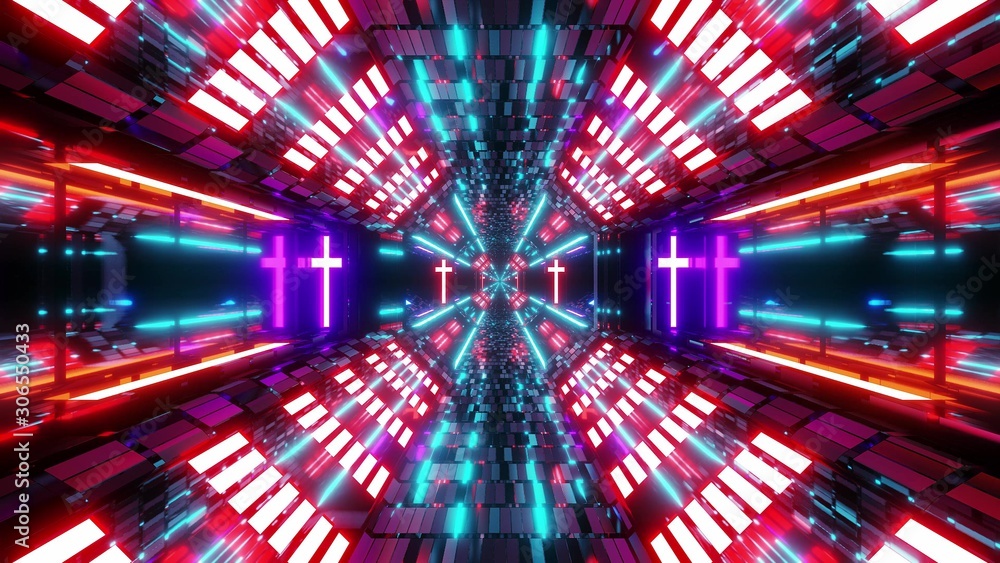 Naklejka premium glowing futuristic scifi tunnel corridor with holy glowing christian cross symbol 3d illustration background wallpaper