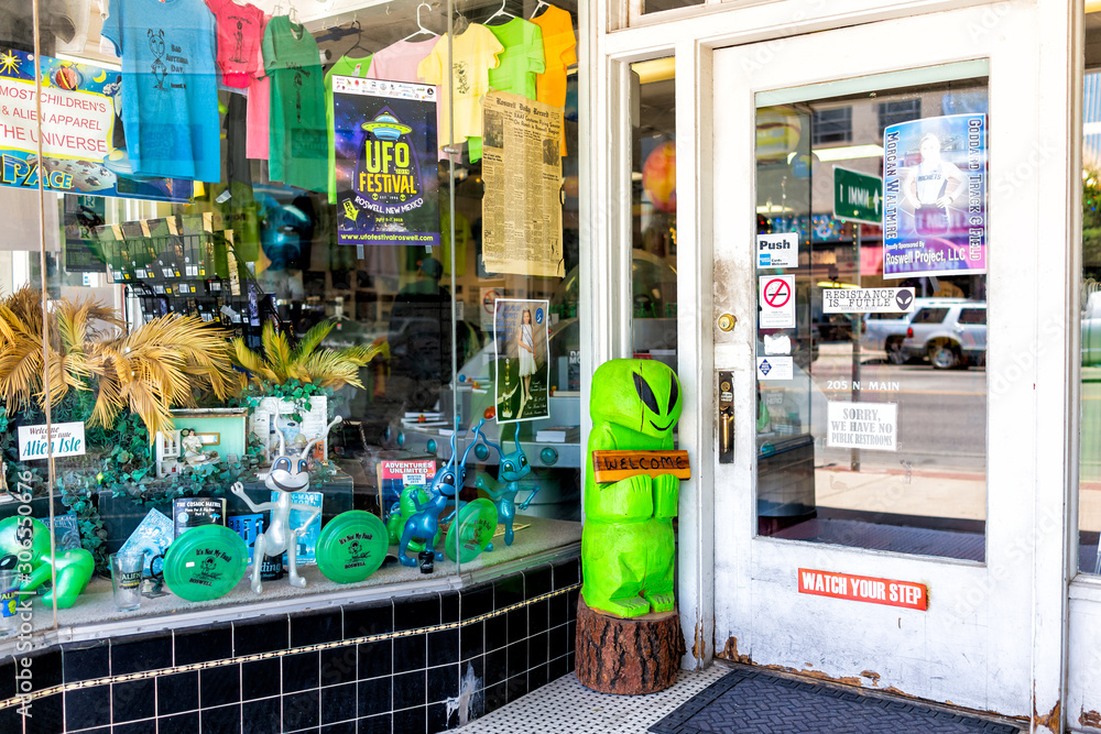 Roswell, USA - June 8, 2019: Main street road in New Mexico town city