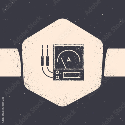 Grunge Ampere meter, multimeter, voltmeter icon isolated on grey background. Instruments for measurement of electric current. Monochrome vintage drawing. Vector Illustration