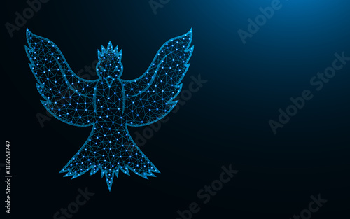 Phoenix bird low poly design, animal abstract geometric image, mythological creature wireframe mesh polygonal vector illustration made from points and lines on dark blue background