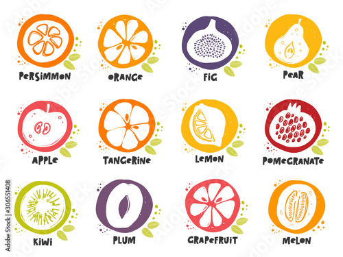 Fruit icons set. Apple. Lemon. Orange. Persimmon. Pear. Ink hand drawn vector illustration. Can be used for cafe, menu, shop, bar, restaurant, poster, sticker, logo, detox diet concept, farmers market