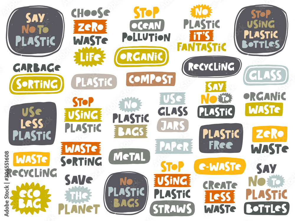 Stop using plastic set. Motivational handwritten phrases set. Hand drawn vector illustration. Logo, icon, label. Protest against garbage, disposable polythene package. Pollution problem concept.