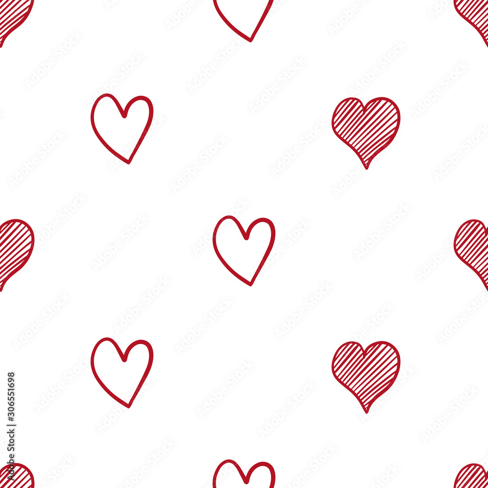 Seamless pattern with hand drawn hearts isolated on white background. Vector illustration