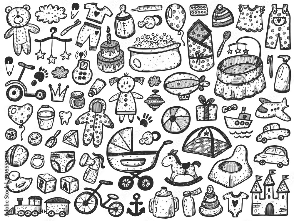 Baby set. Kid collection. Hand drawn grunge style vector illustration. Newborn and children clothes. Girl and boy toys, safety, accessories, food, crib, furniture, feeding, birthday elements Baby set. Kid collection. Hand drawn grunge style vector illustration. Newborn and children clothes. Girl and boy toys, safety, accessories, food, crib, furniture, feeding, birthday elements