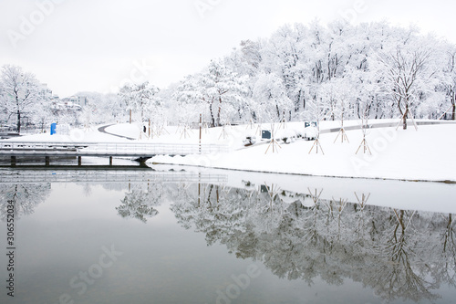 Landscape of a park with lots of snow. © photo_HYANG