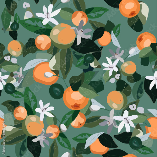 Seamless pattern with leaves, inflorescences and fruits orange on a aquamarine background. Vector illustration green-blue colors with plants.