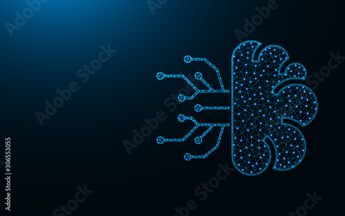 Artificial Intelligence low poly design, AI, human brain abstract geometric image, science wireframe mesh polygonal vector illustration made from points and lines on dark blue background