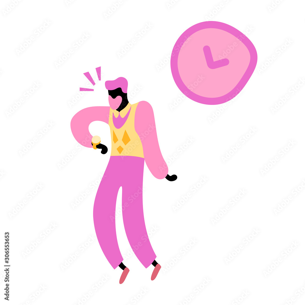 Vector illustration, trendy flat cartoon man with beard looking surprised on the wrist watch. In pink, yellow colors. Applicable as business time managament concept for posters, web banners etc. Vector illustration, trendy flat cartoon man with beard looking surprised on the wrist watch. In pink, yellow colors. Applicable as business time managament concept for posters, web banners etc.