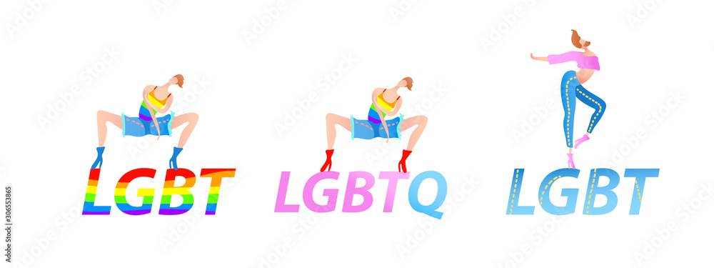 Vector colorful illustration, trendy gay man on heels set with LGBT text. Flat cartoon style, isolated. Applicable for LGBT, transgender rights concepts, logos, flyers, etc.