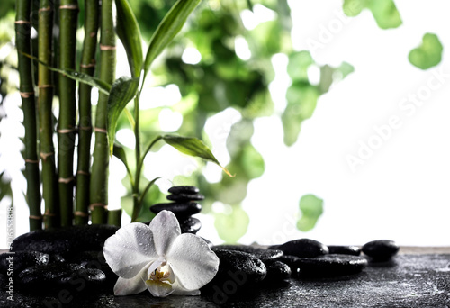Fototapeta Naklejka Na Ścianę i Meble -  Grean bamboo leaves over zen stones and orchid flower on white background