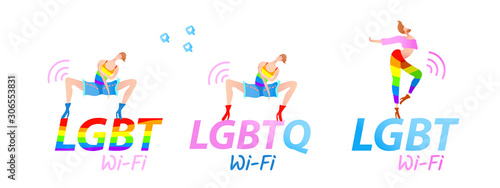 Vector colorful illustration  trendy gay men on heels set with LGBT  LGBTQ  Wi-Fi text. Flat cartoon style  isolated. Applicable for homosexual  transgender concepts  Internet hotspots  stickers.