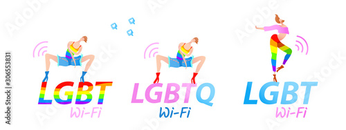 Vector colorful illustration, trendy gay men on heels set with LGBT (LGBTQ) Wi-Fi text. Flat cartoon style, isolated. Applicable for homosexual, transgender concepts, Internet hotspots, stickers.