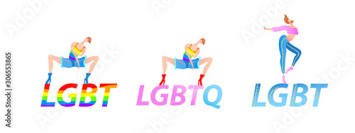 Vector colorful illustration  trendy gay man on heels set with LGBT text. Flat cartoon style  isolated. Applicable for LGBT  transgender rights concepts  logos  flyers  etc.