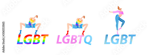 Vector colorful illustration, trendy gay man on heels set with LGBT text. Flat cartoon style, isolated. Applicable for LGBT, transgender rights concepts, logos, flyers, etc.