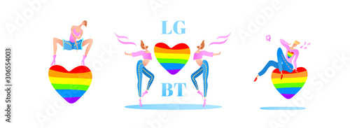 Vector colorful illustration, trendy gay men on heels set with a rainbow heart. Flat cartoon style, isolated. Applicable for LGBT (LGBTQ), transgender rights concepts etc.