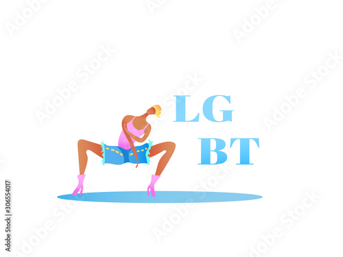 Vector colorful illustration, trendy gay african man on heels with LGBT text. Flat cartoon style, isolated. Applicable for LGBT, transgender rights concepts, logos, flyers, etc.