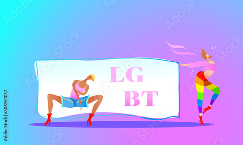 Vector illustration, trendy gay men on heels with a table and LGBT text. Flat cartoon style, neon background, different ethnicity. Applicable for LGBT, transgender rights concepts, flyers, posters.