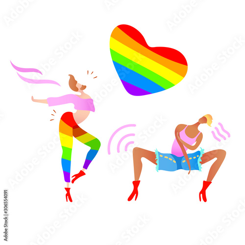 Vector colorful illustration, trendy gay men on heels set with a rainbow heart. Flat cartoon style, isolated. Applicable for LGBT (LGBTQ), transgender rights concepts etc.