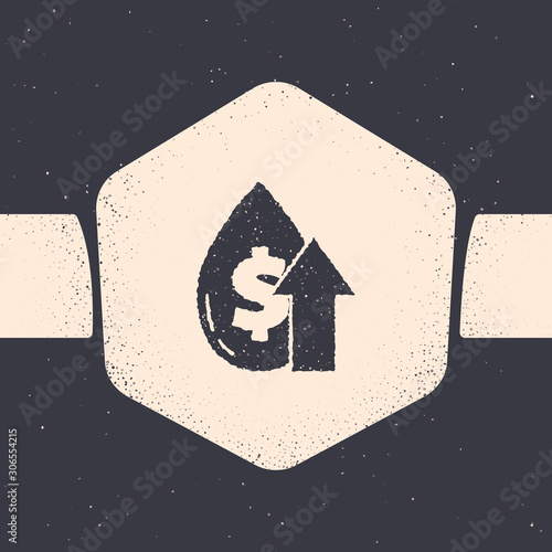 Grunge Oil price increase icon isolated on grey background. Oil industry crisis concept. Monochrome vintage drawing. Vector Illustration