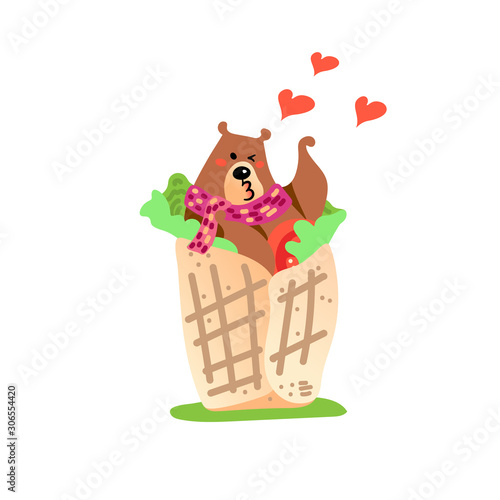 Vector illustration, funny kissing brown bear in the spring roll with tomato and green salad. Flat cartoon style. Applicable for love and food concepts. © i_am_irix