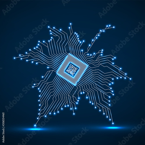 Abstract neon maple leaf with microprocessor inside. Vector illustration