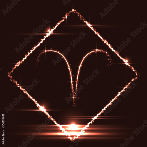 Astrological symbol of Aries. Abstract vector shiny western Zodiac Horoscope sign in glowing rhomb border frame on dark red background.