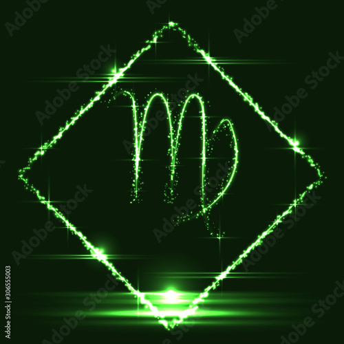Astrological symbol of Virgo. Abstract vector shiny western Zodiac Horoscope sign in glowing rhomb border frame on dark green background.