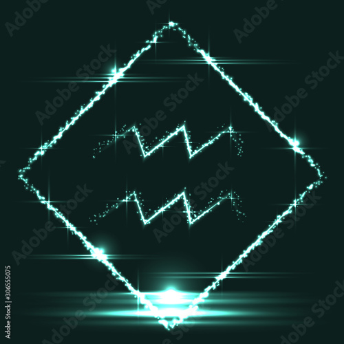 Astrological symbol of Aquarius. Abstract vector shiny western Zodiac Horoscope sign in glowing rhomb border frame on dark teal blue background.