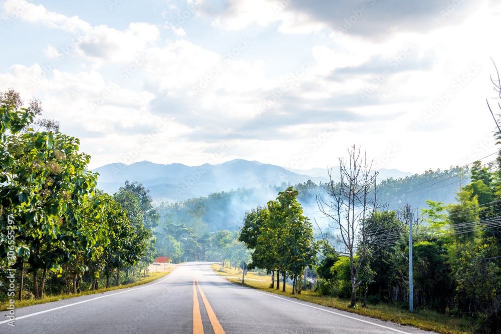 A beautiful asphalt road beside the road has big trees and mountains.