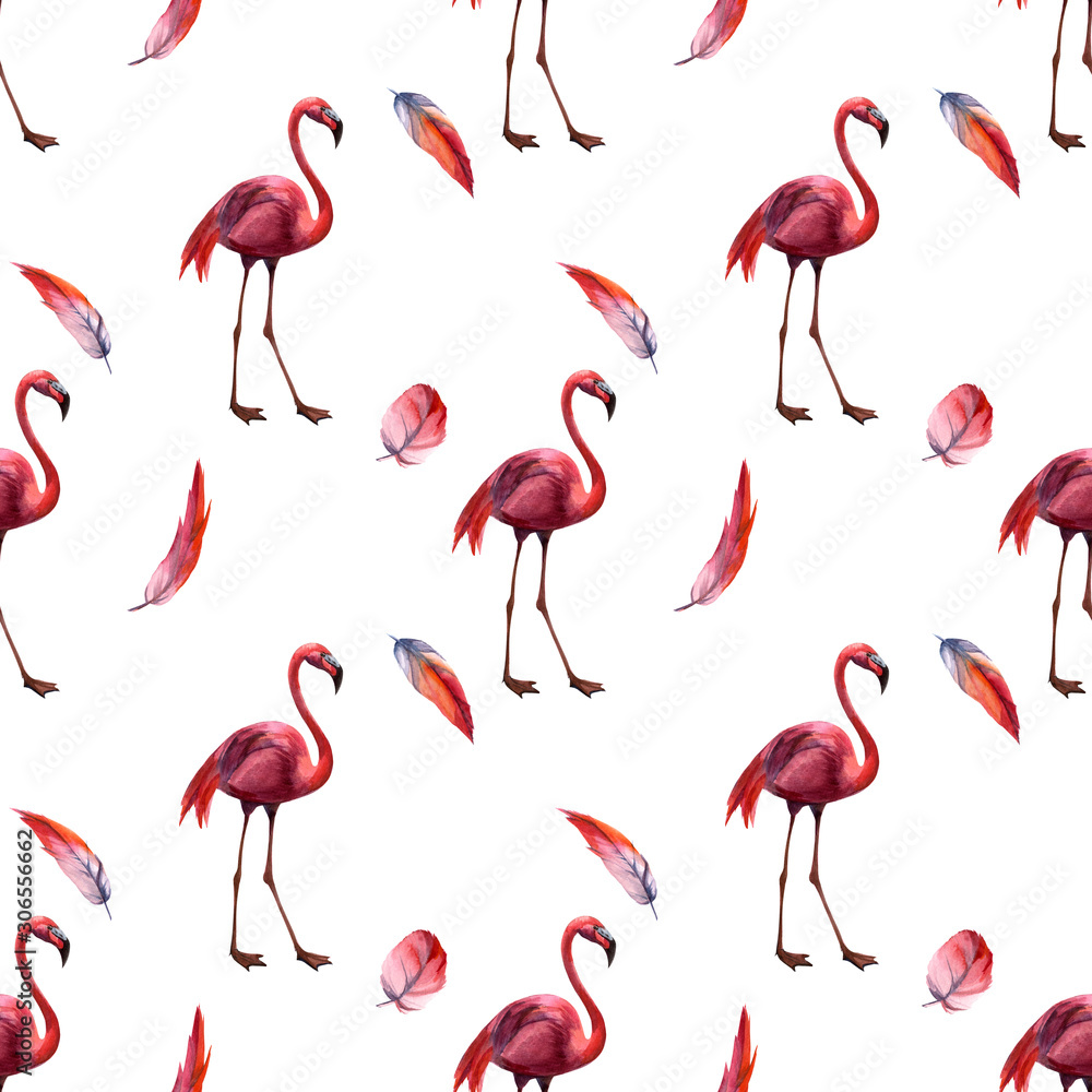 Obraz premium Watercolor seamless pattern with flamingo hand drawing decorative background. Print for textile, cloth, wallpaper, scrapbooking