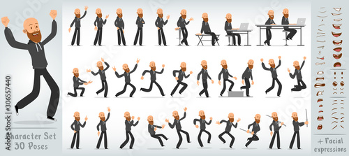 Cartoon flat cute funny bald hipster boy character in black hoodie with beard. 30 different poses and face expressions. Isolated on white background. Big vector icon set.